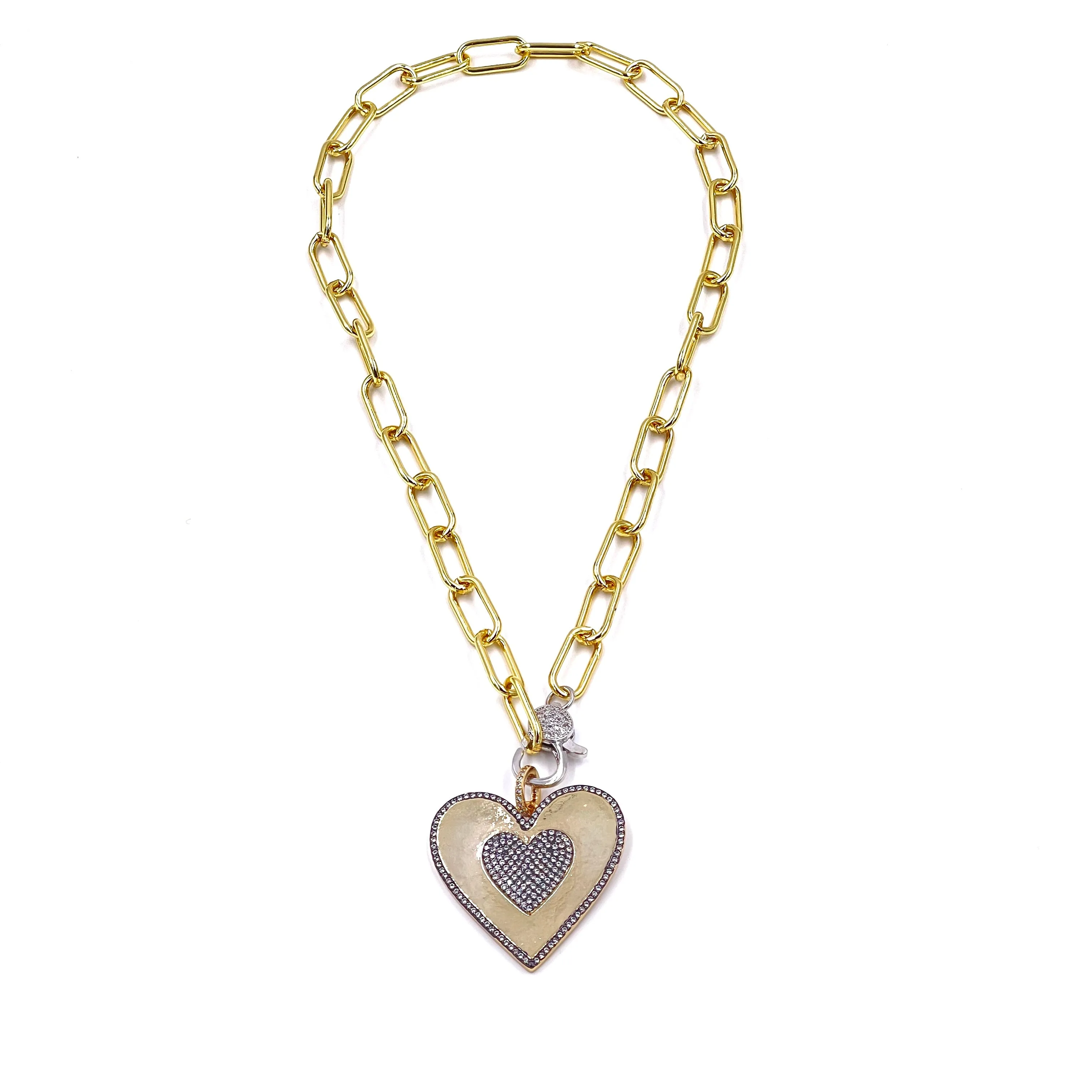 Ashley Gold Stainless Steel Gold Plated Double Halo Detachable Heart Pendant Necklace