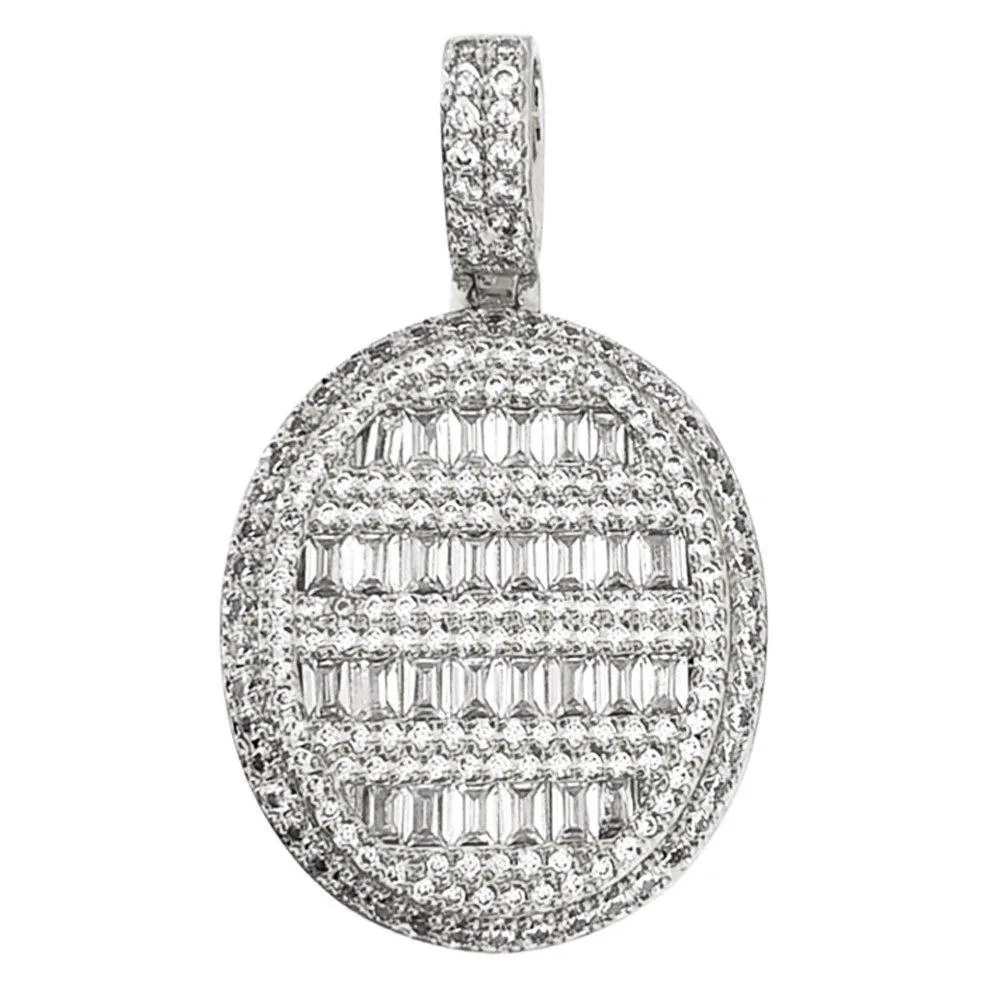 Baguette CZ Oval Bling Bling Pendant in Rhodium