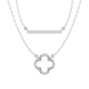 Bar and Leaf Clover Layered 1/10 Cttw Natural Diamond Pendant Necklace set in 925 Sterling Silver…