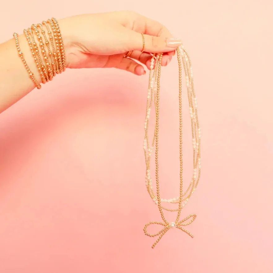 Beaded Blondes | Gold Bow Necklace with Pearl Accent