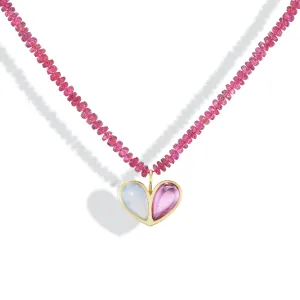 Beaded Sweetheart Necklace Chalcedony & Rubellite