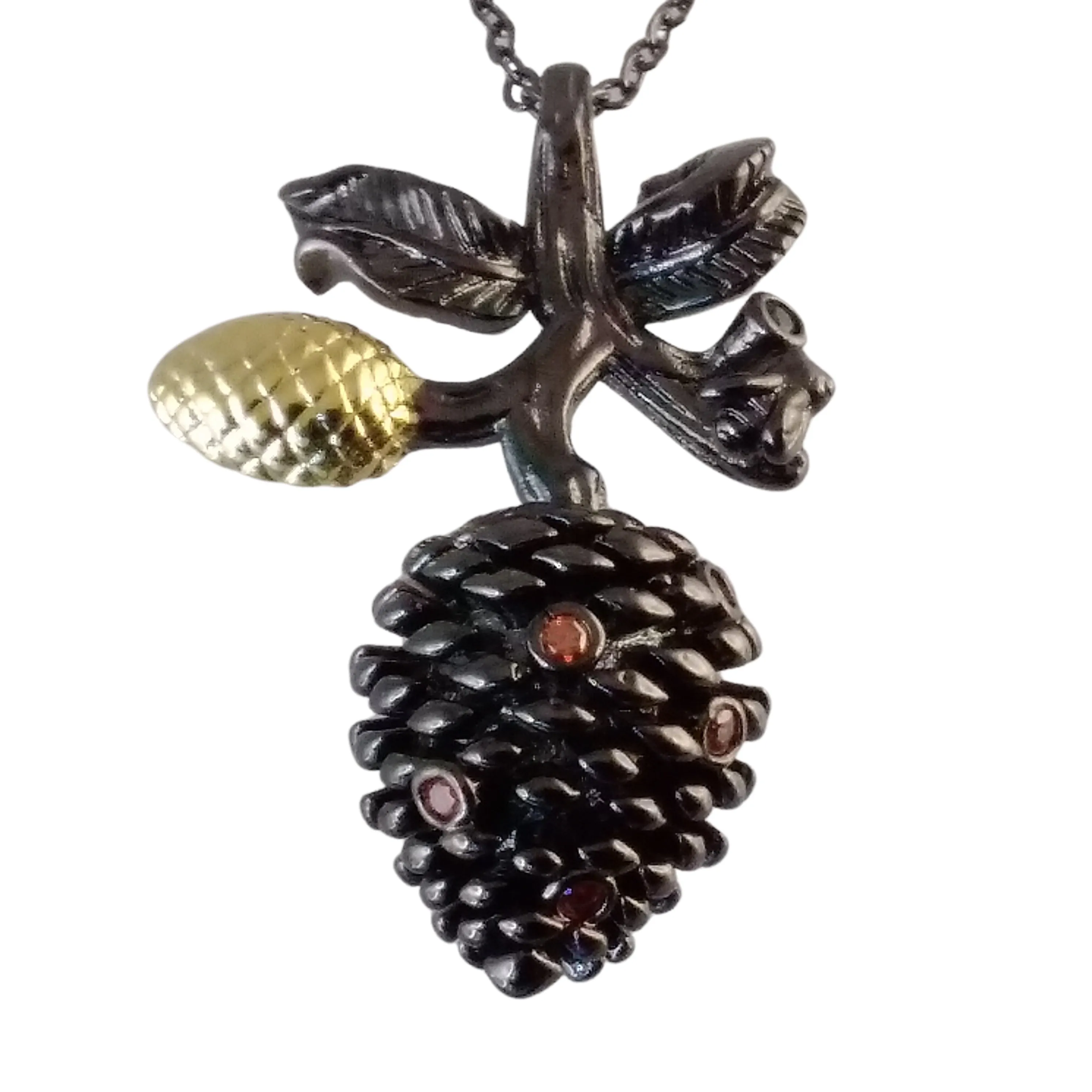 Black Gold Necklace Pine Cone With Cubic Zirconia Stones