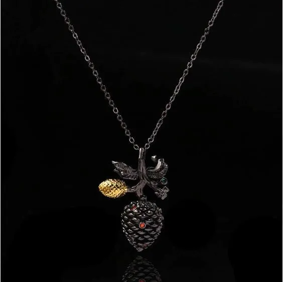 Black Gold Necklace Pine Cone With Cubic Zirconia Stones