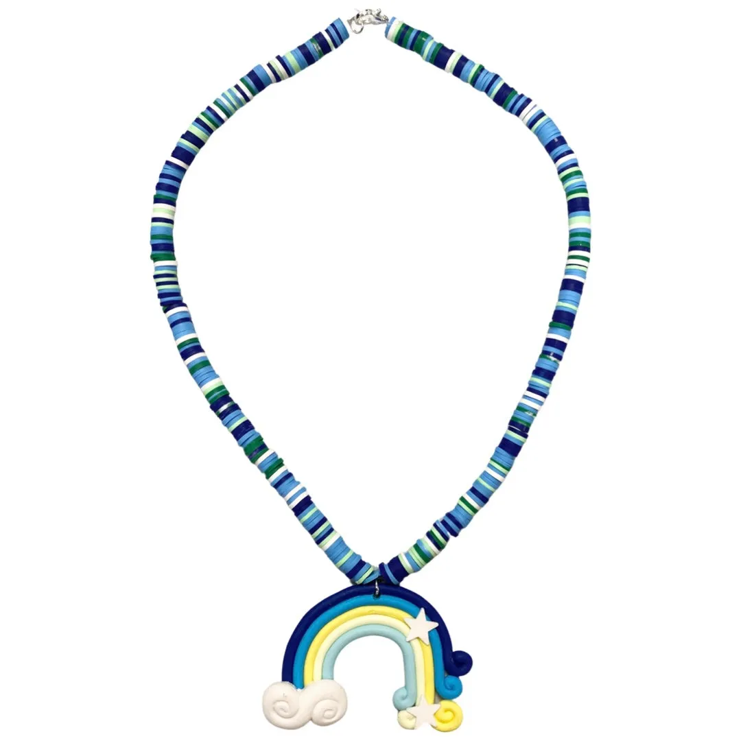 Blue Multicolor Beaded Necklace with Rainbow