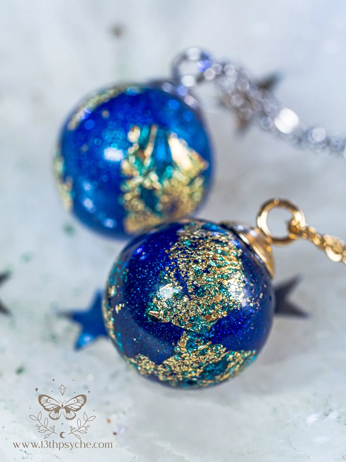 Blue planet, earth inspired resin ball necklace