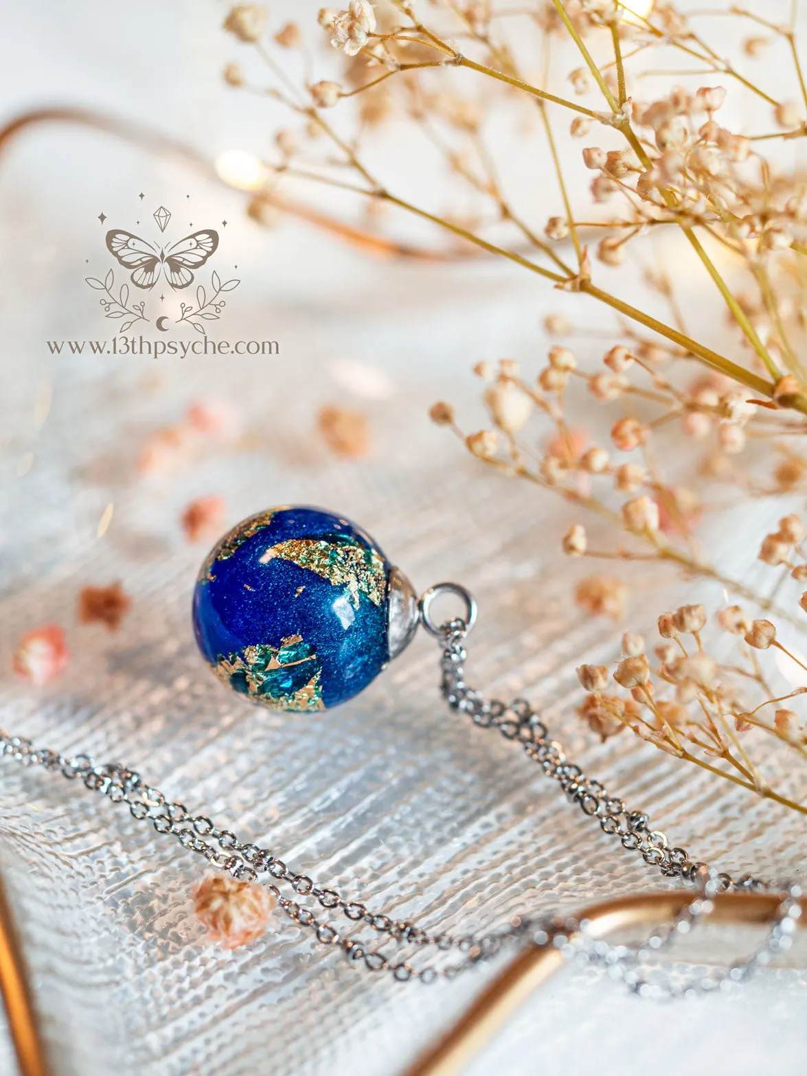 Blue planet, earth inspired resin ball necklace