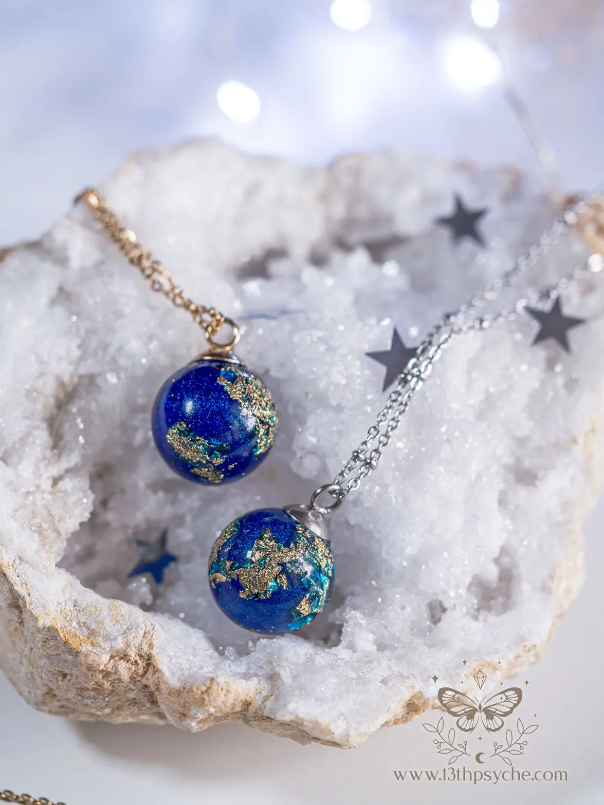 Blue planet, earth inspired resin ball necklace