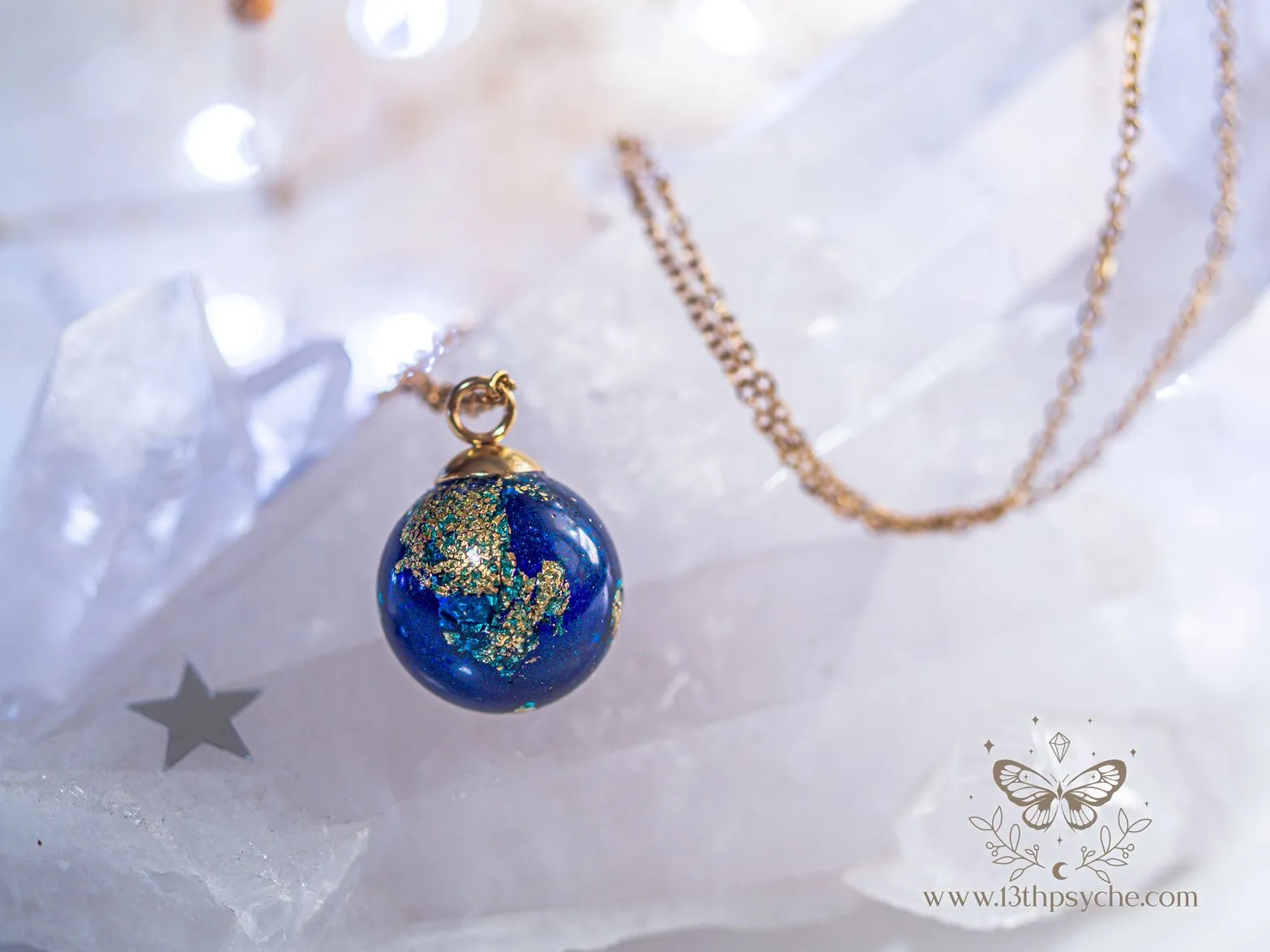 Blue planet, earth inspired resin ball necklace