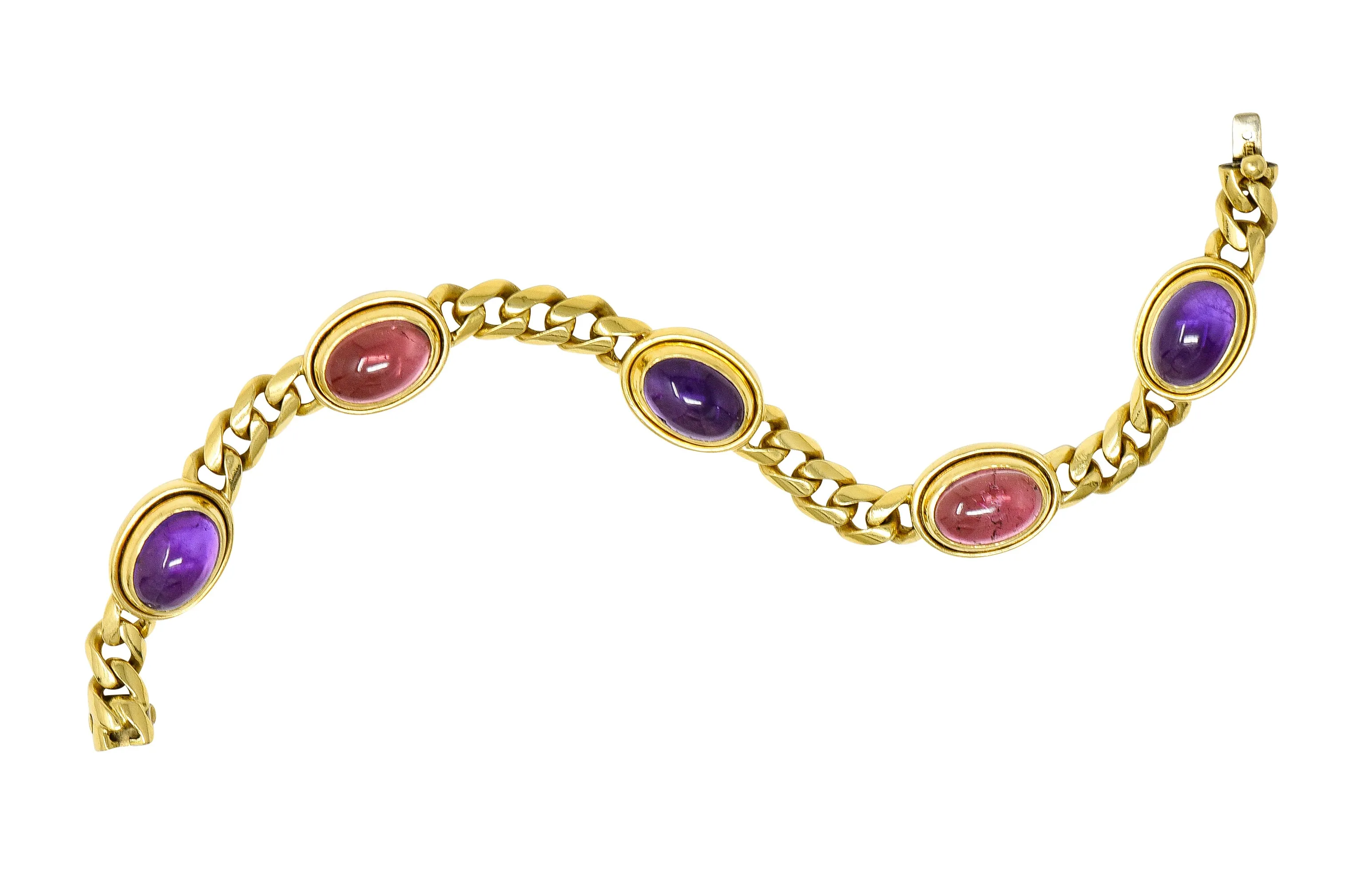 Bulgari 1980's Amethyst Tourmaline Cabochon 18 Karat Yellow Gold Curb Link Vintage Unisex Bracelet