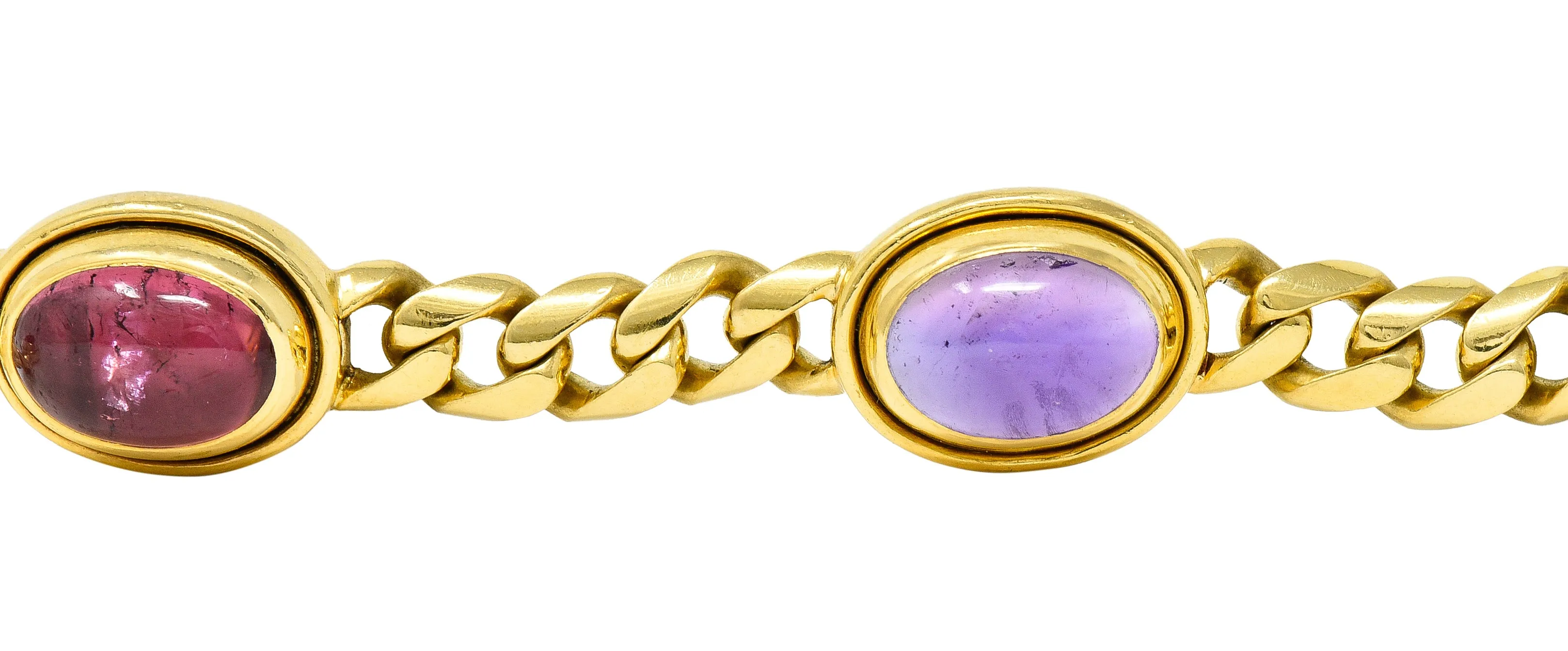 Bulgari 1980's Amethyst Tourmaline Cabochon 18 Karat Yellow Gold Curb Link Vintage Unisex Bracelet