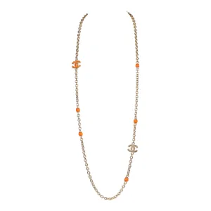 Chanel CC Beaded Sautoir Long Chain Necklace Orange Gold Metal