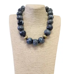 Chunky Dark Navy Blue & Gold Beaded Necklace