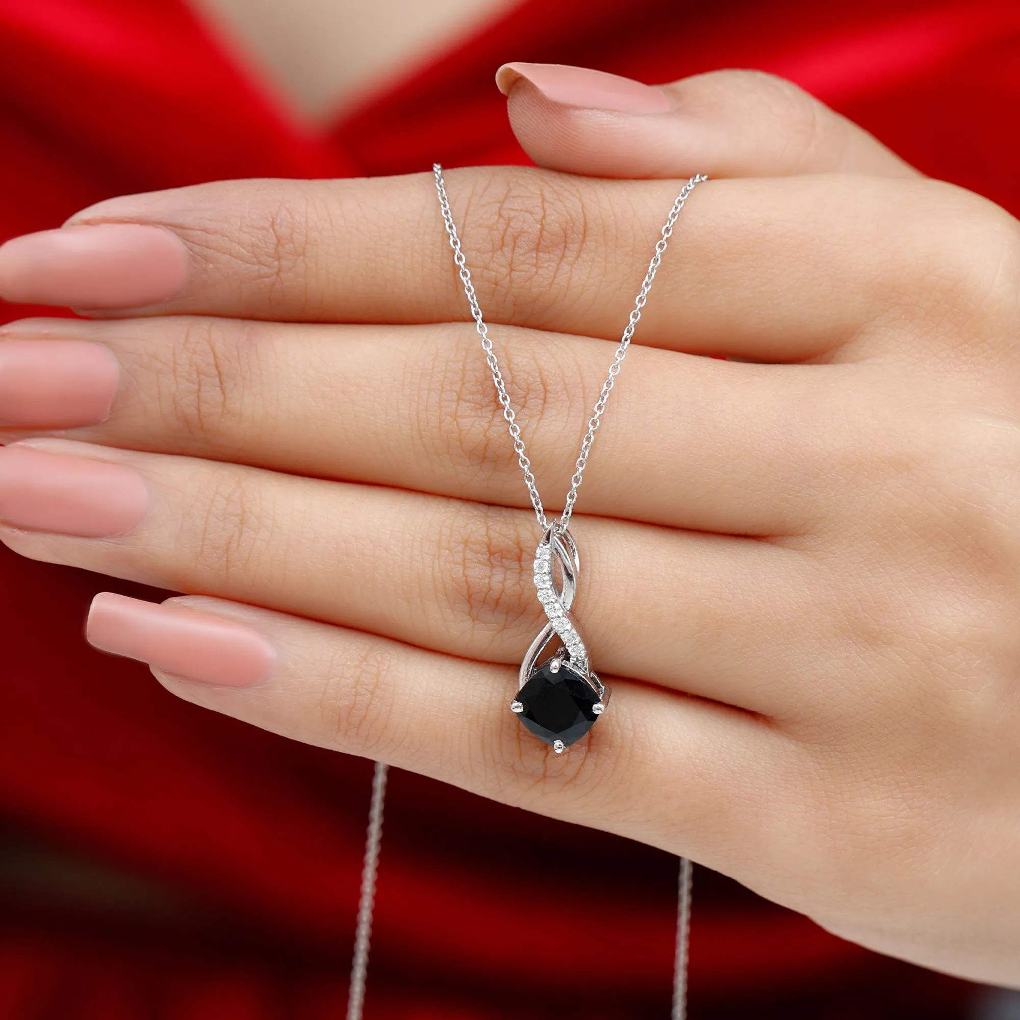 Cushion Cut Created Black Diamond Solitaire Infinity Pendant with Diamond