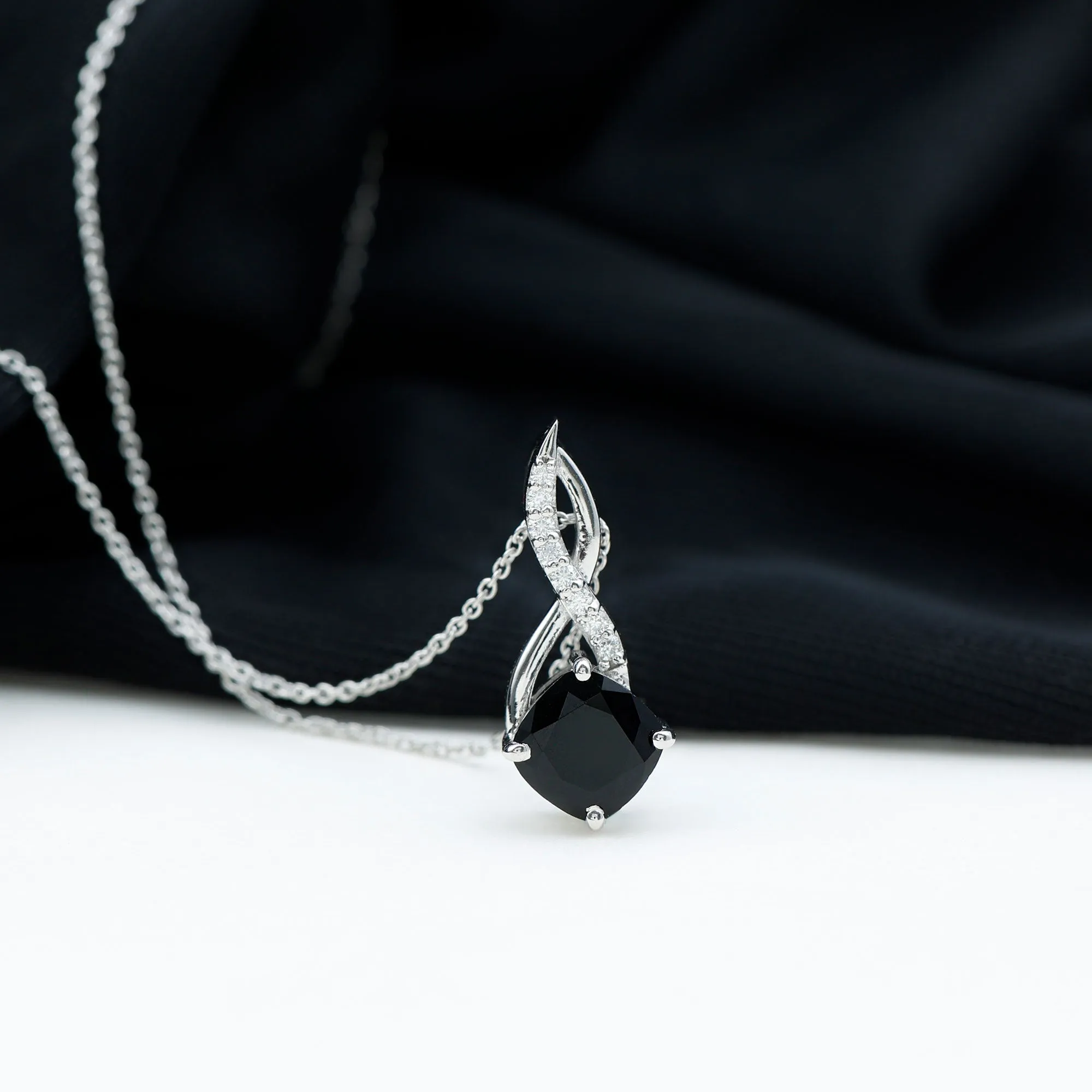 Cushion Cut Created Black Diamond Solitaire Infinity Pendant with Diamond