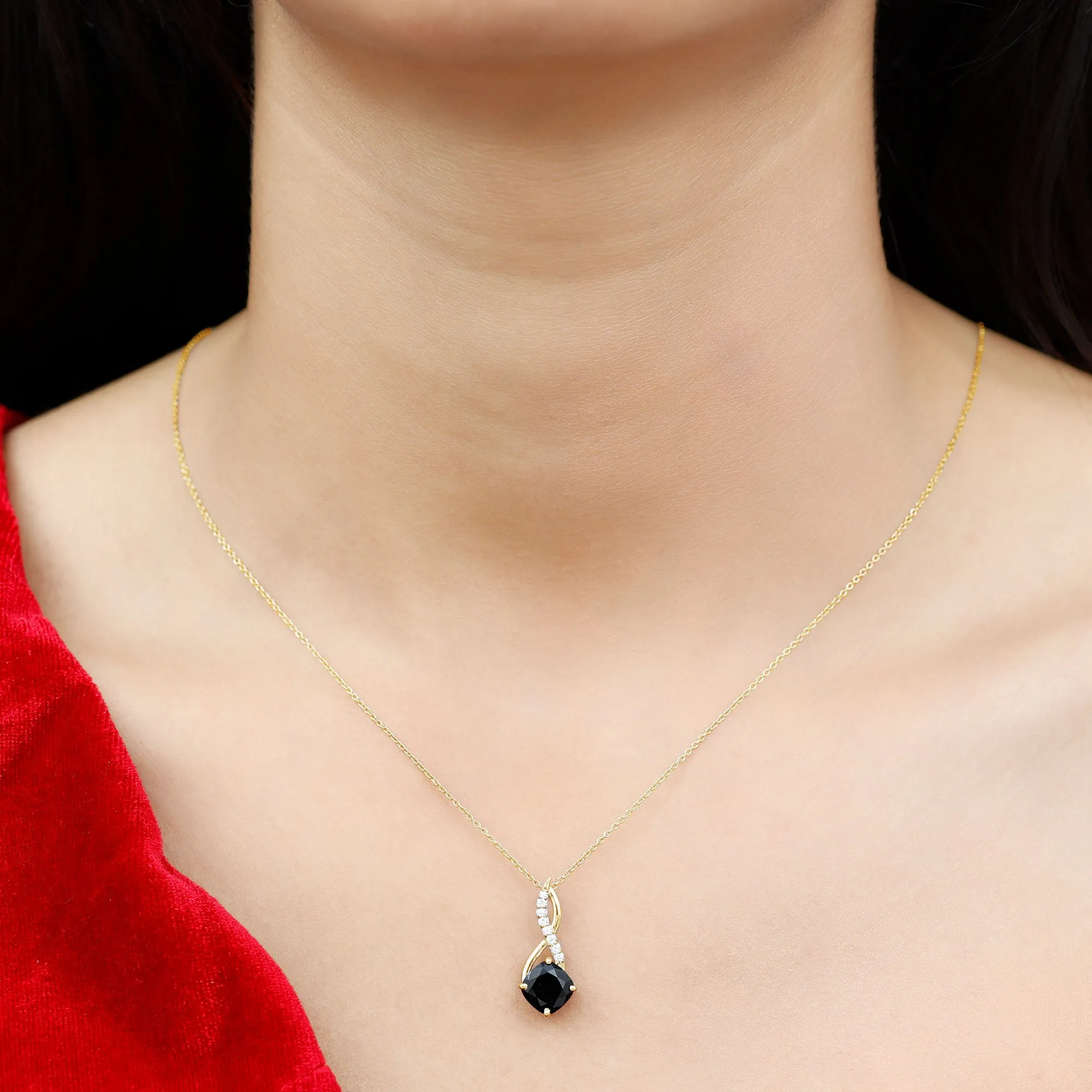 Cushion Cut Created Black Diamond Solitaire Infinity Pendant with Diamond