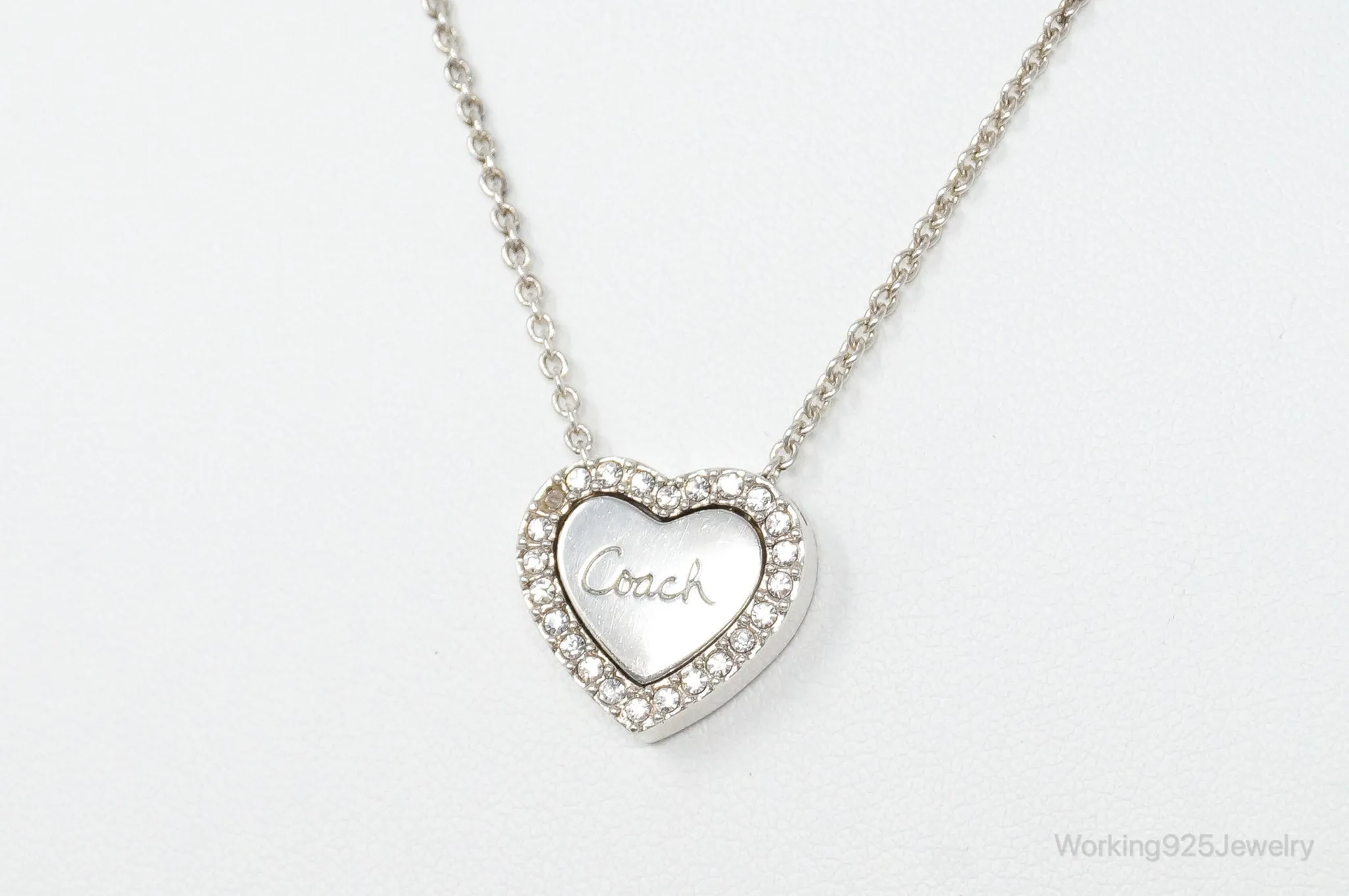 Designer COACH Crystal Heart Sterling Silver Necklace