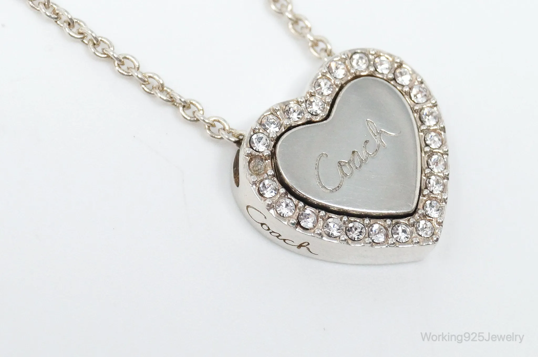 Designer COACH Crystal Heart Sterling Silver Necklace