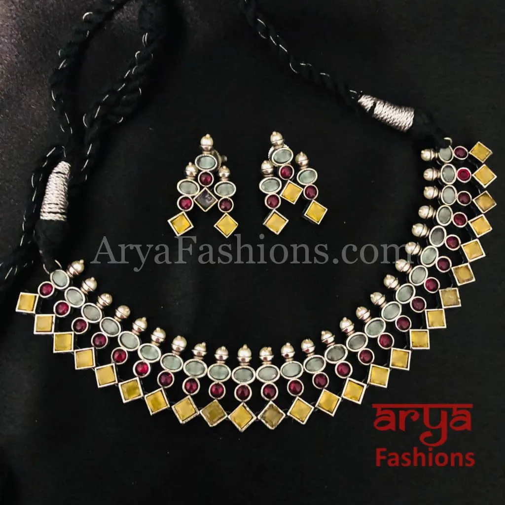 Designer Multicolor Stone Tribal Oxidized Silver Necklace