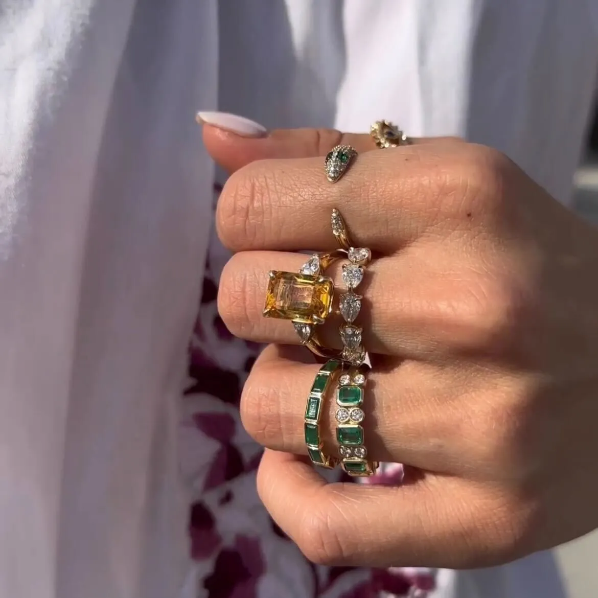 Emerald Cut Citrine with Pear Cut Diamond Side Stones