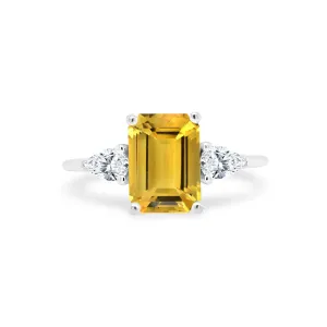 Emerald Cut Citrine with Pear Cut Diamond Side Stones