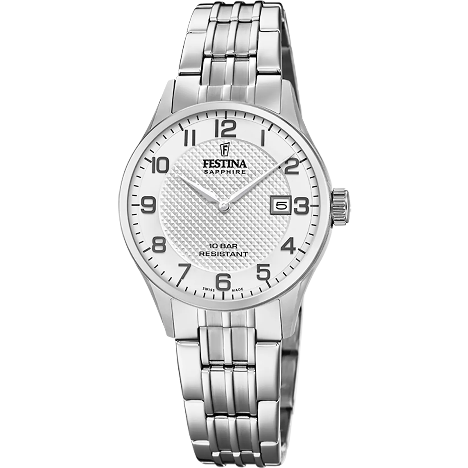 Festina Swiss Quartz Numbers, Date 100M WR Stainless Steel Case and Bracelet