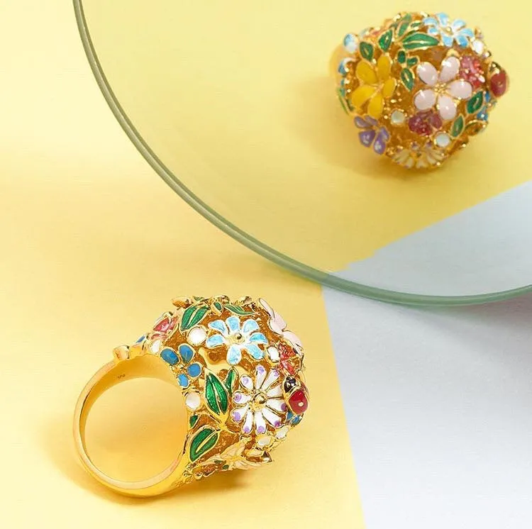 Floral Orb Ring by Bill Skinner Gold Enamel Flowers