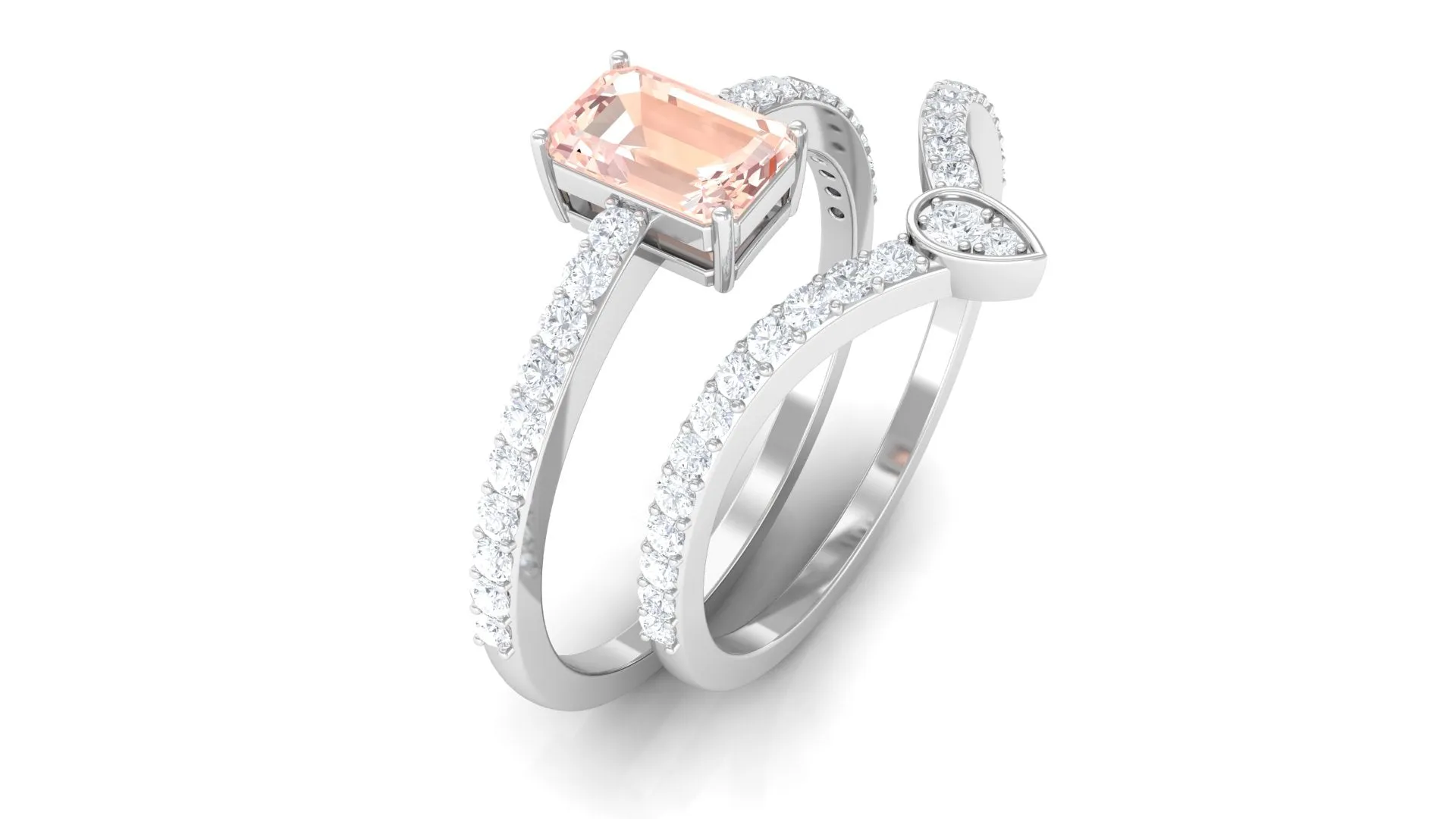 Genuine Morganite and Diamond Stackable Ring Set