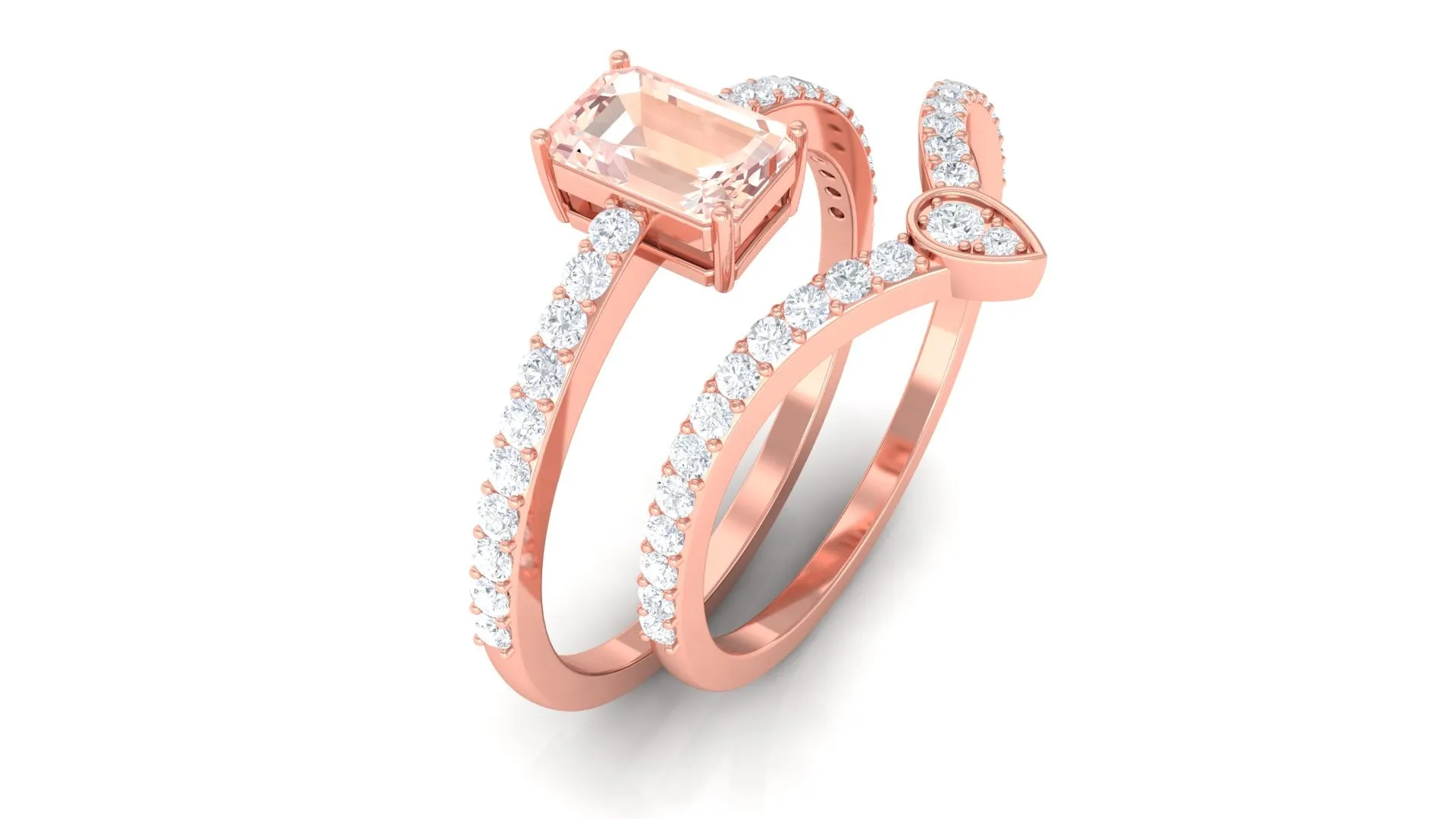 Genuine Morganite and Diamond Stackable Ring Set