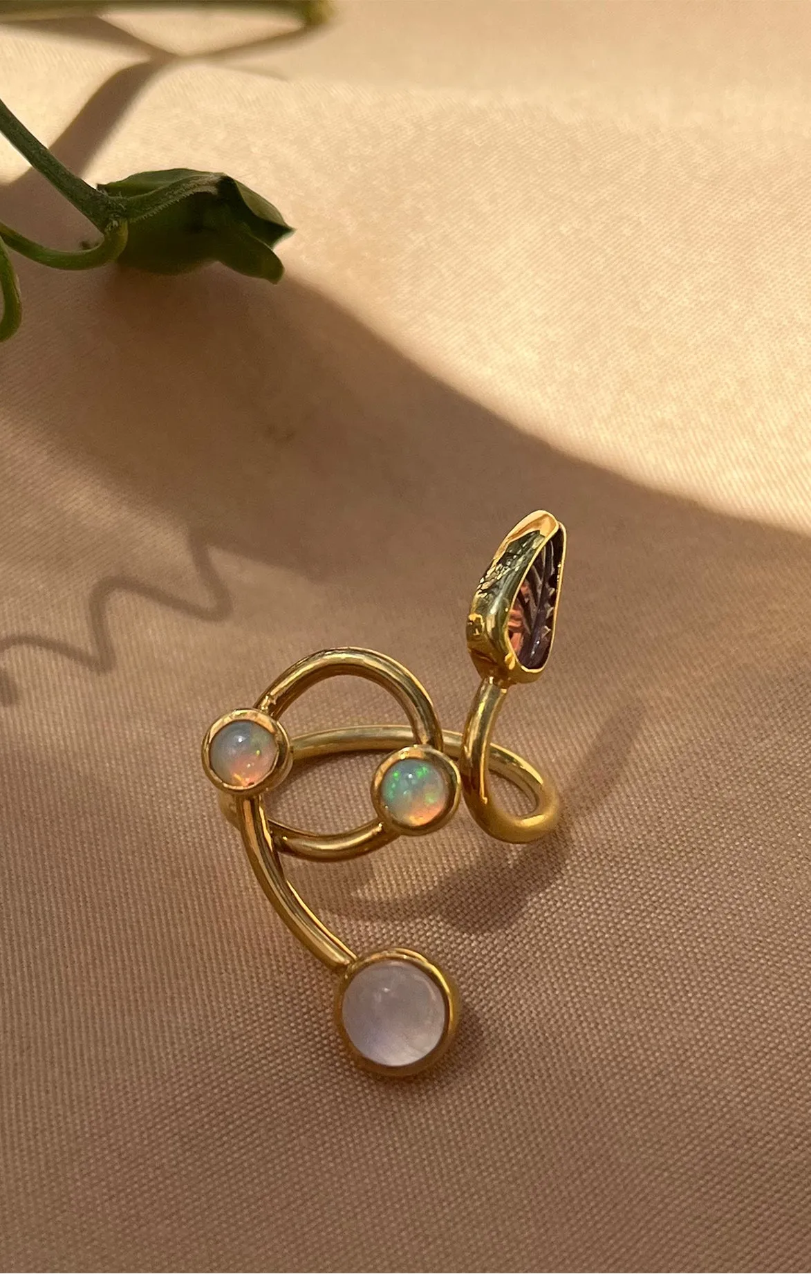 Gold Leaves, Opals and Moonstone Ring