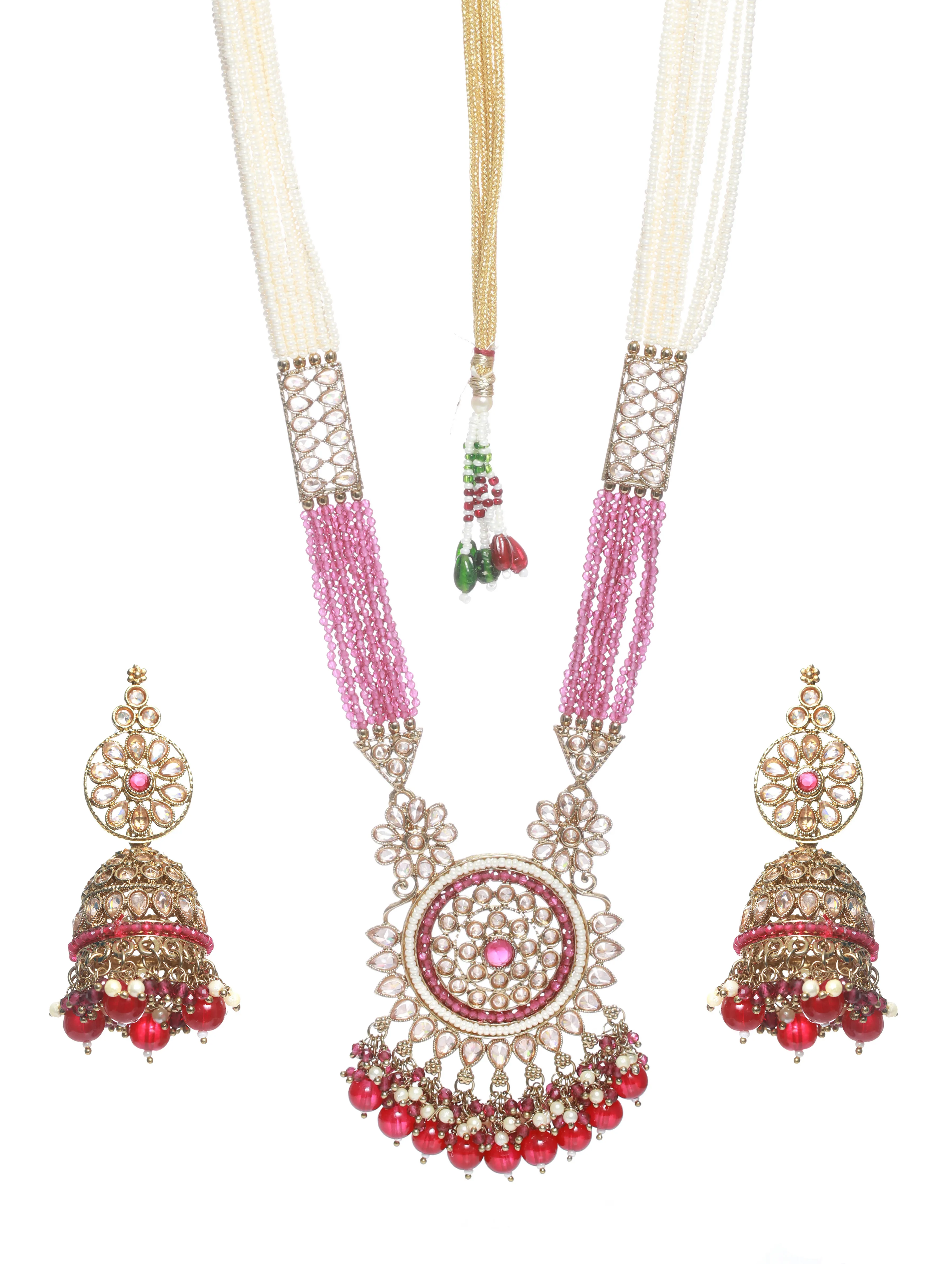 Gold Plated Purple & White Beaded Polki Rani Haar Jewellery Set