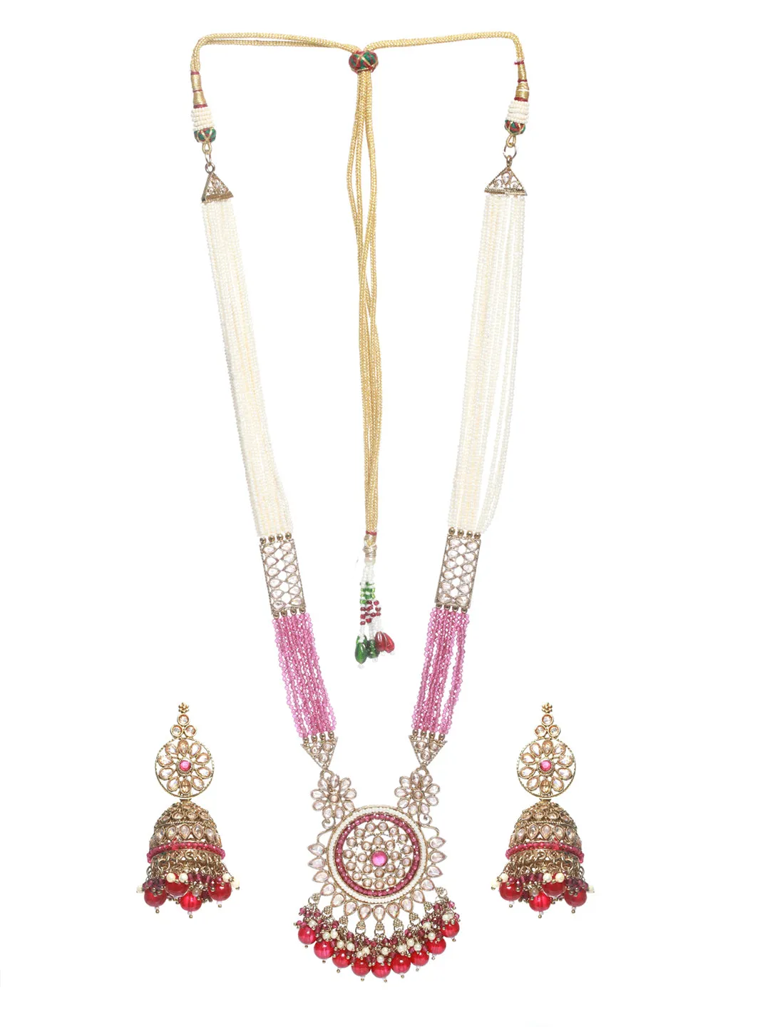 Gold Plated Purple & White Beaded Polki Rani Haar Jewellery Set