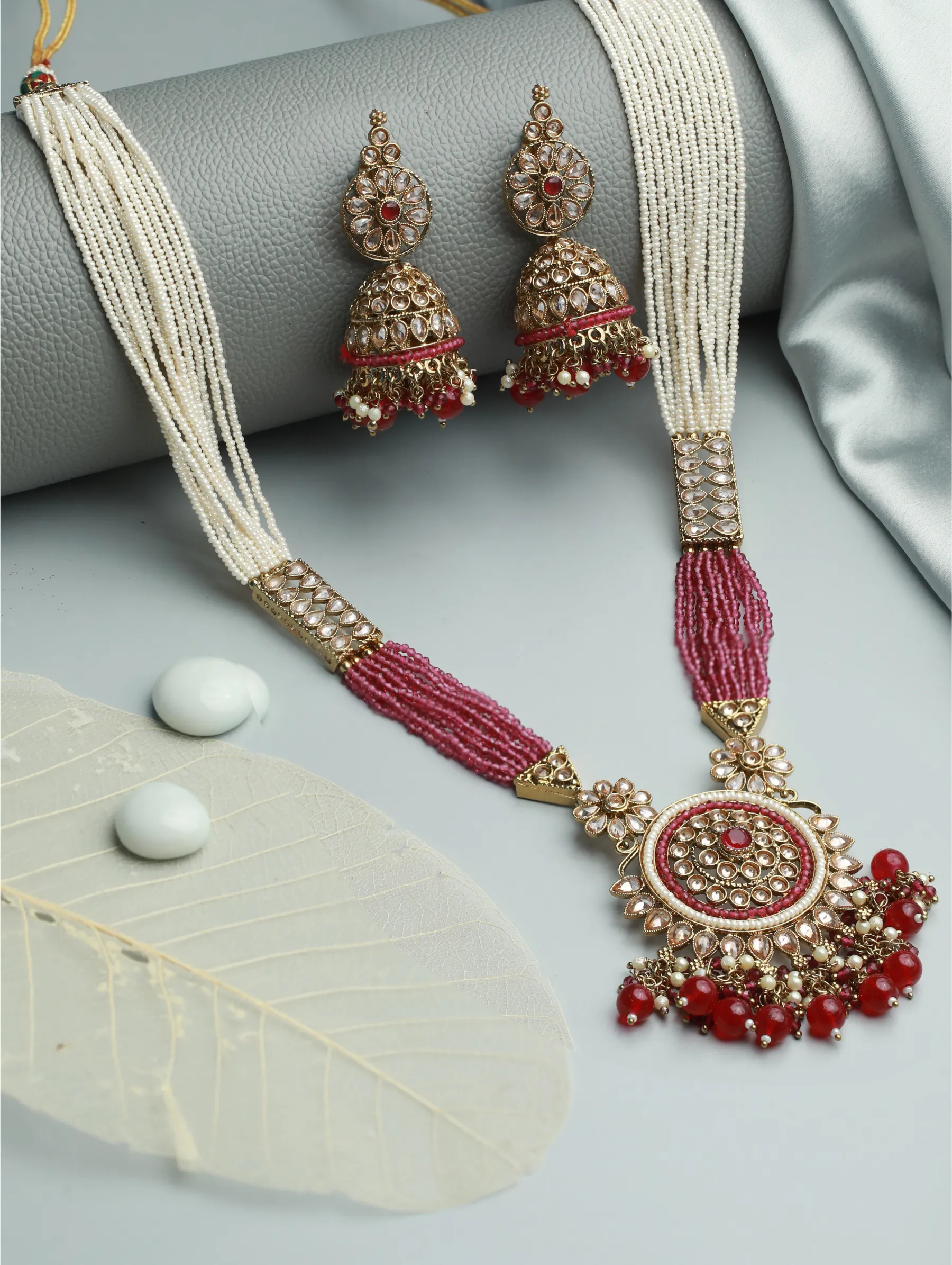 Gold Plated Purple & White Beaded Polki Rani Haar Jewellery Set