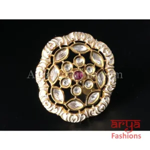 Golden Ivory White Meenakari Kundan Ring with Ruby Center Stone