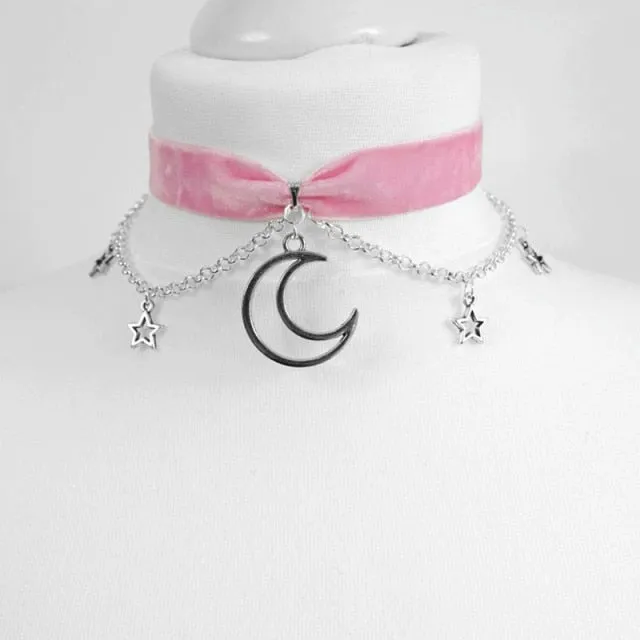 Goth Dainty Chain Crescent Moon and Stars Choker Witch Necklace Silver Colour Pendant Punk Jewelry Women Gift Fashion Gothic New