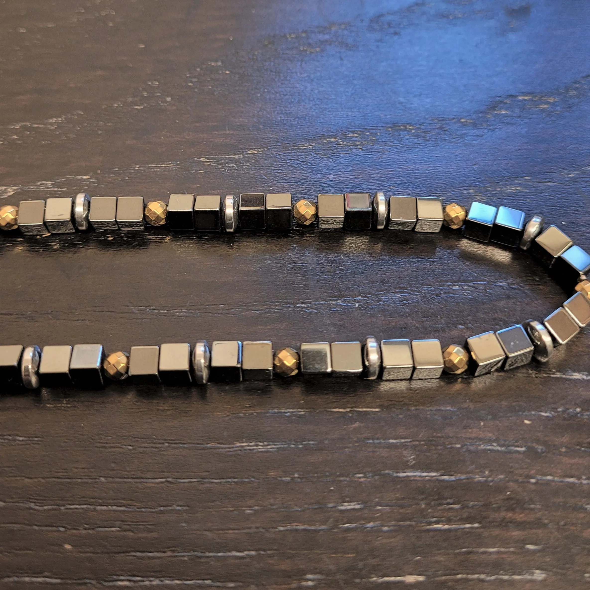 Grey & Gold Finish Hematite Block Beaded Necklace