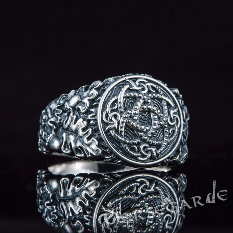 Handcrafted Jormungandr Oak Leaves Ring - Sterling Silver