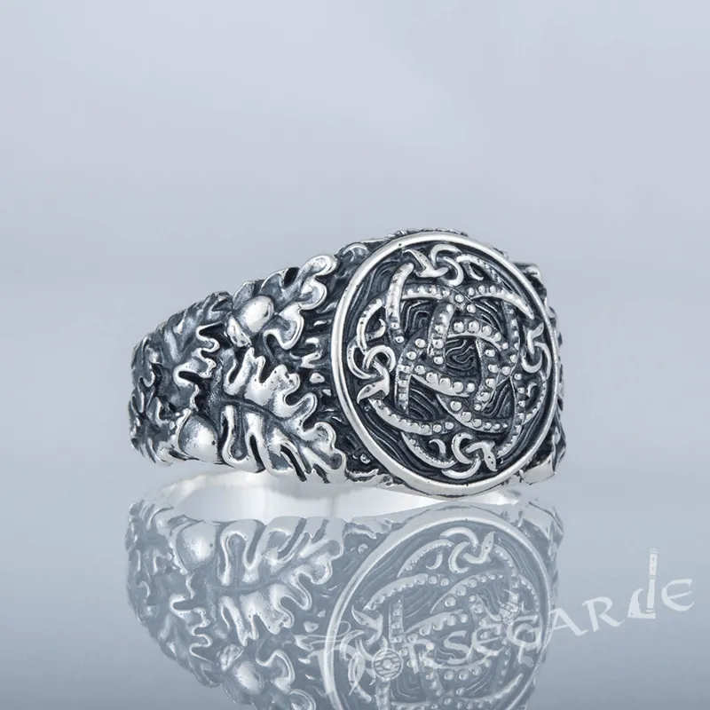 Handcrafted Jormungandr Oak Leaves Ring - Sterling Silver