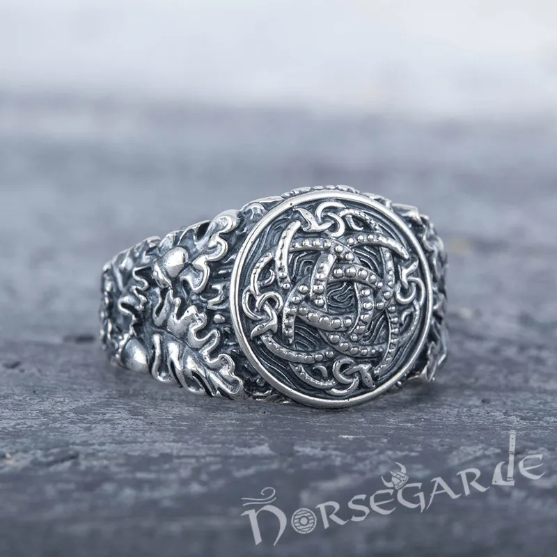 Handcrafted Jormungandr Oak Leaves Ring - Sterling Silver