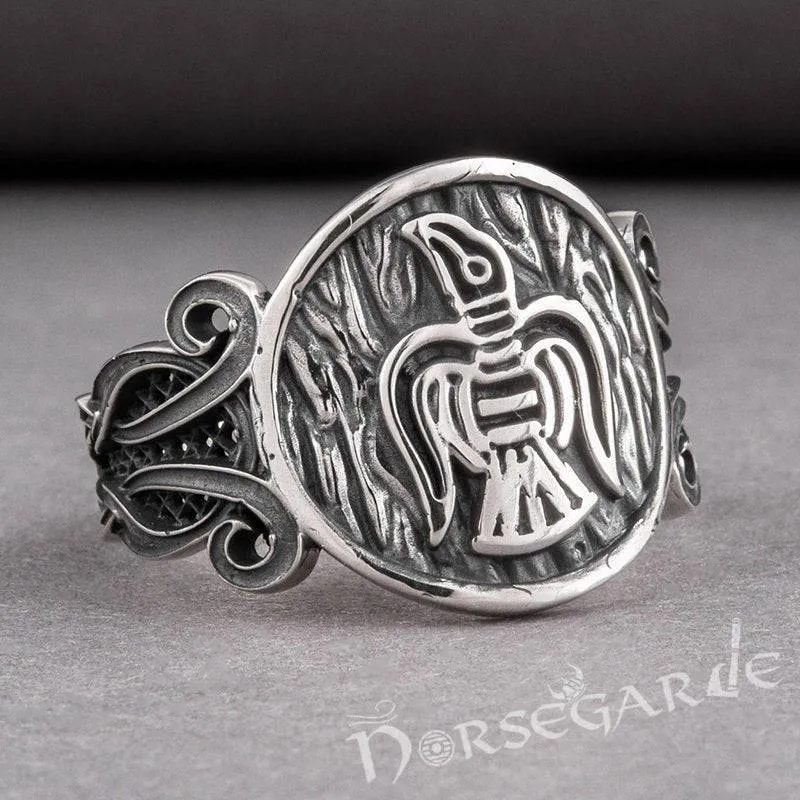 Handcrafted Raven Floral Ornament Ring - Sterling Silver