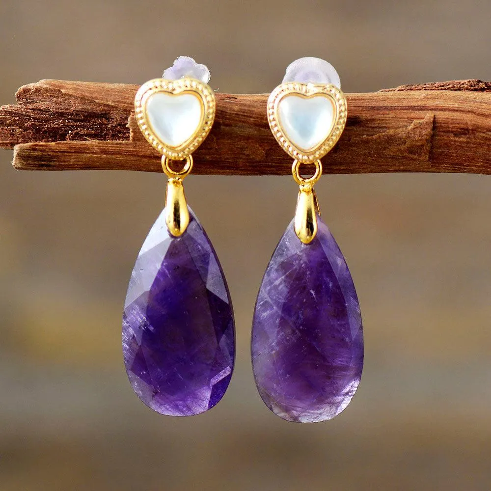 Heart Drops Amethyst Earrings