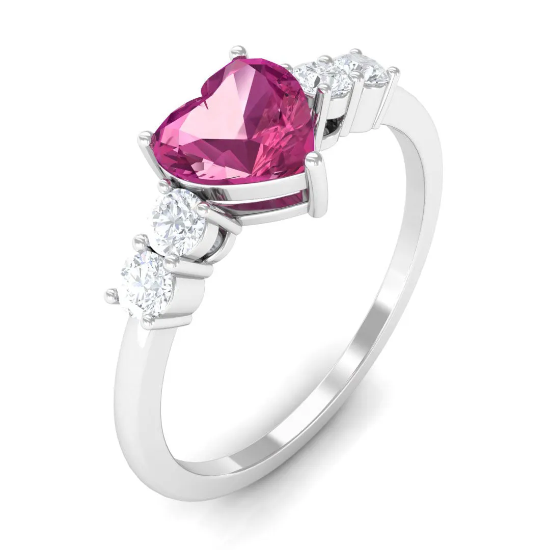 Heart Shape Pink Tourmaline Solitaire Promise Ring with Diamond