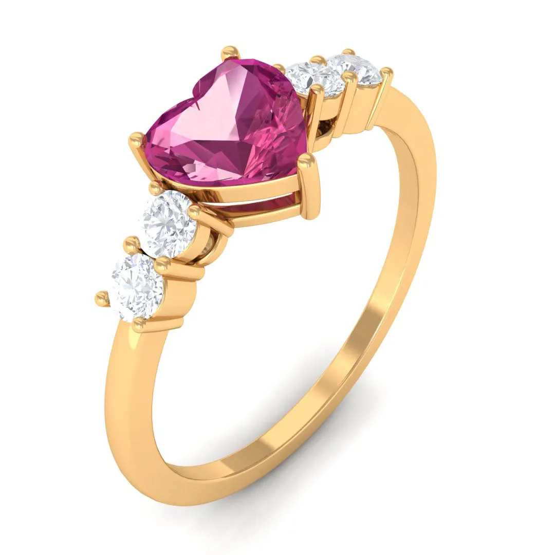 Heart Shape Pink Tourmaline Solitaire Promise Ring with Diamond