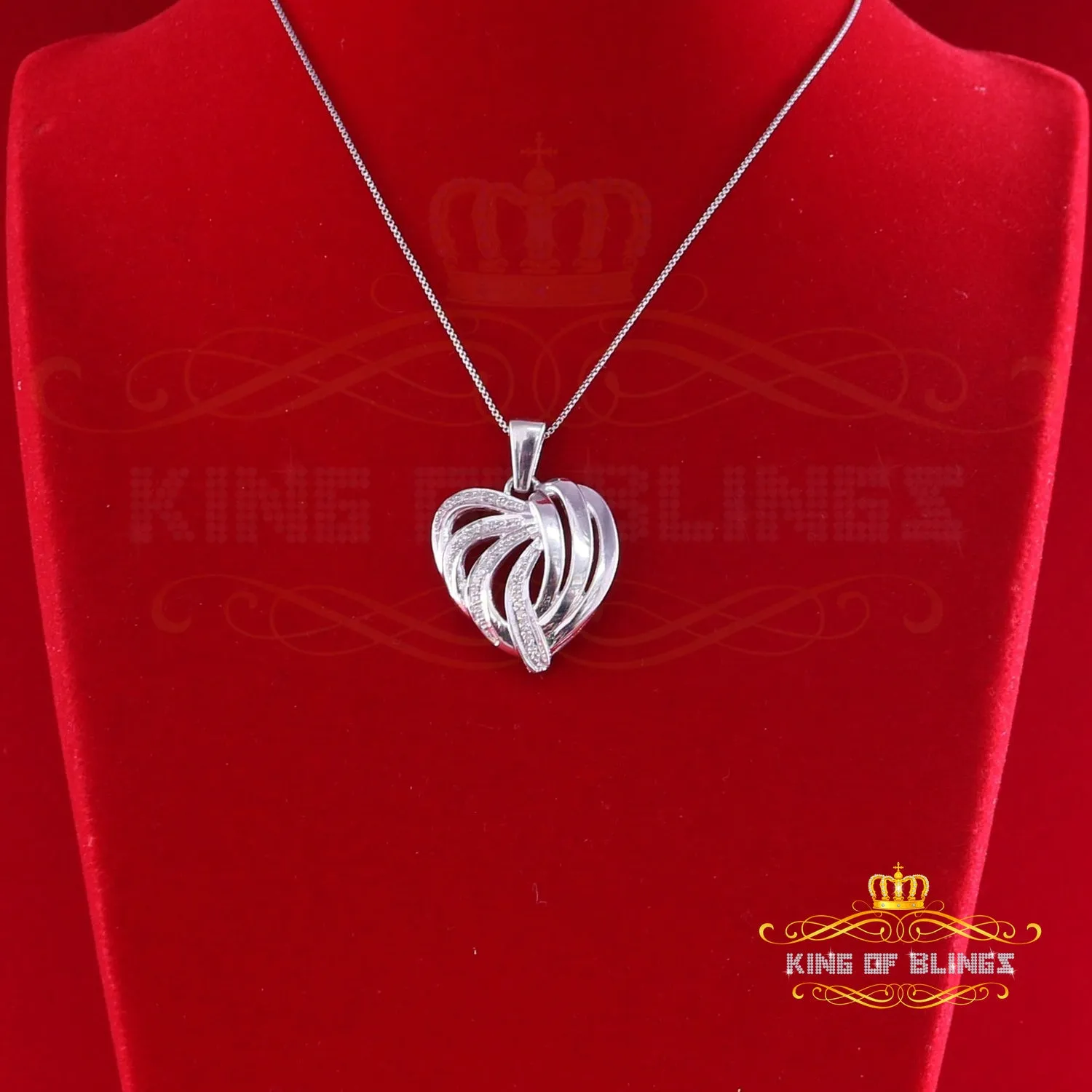 King Of Bling's Real 0.12CT Diamond HEART in 925 Sterling Silver White Charm Necklace Pendant