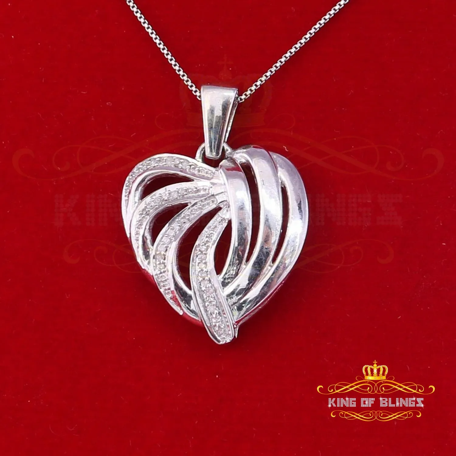 King Of Bling's Real 0.12CT Diamond HEART in 925 Sterling Silver White Charm Necklace Pendant