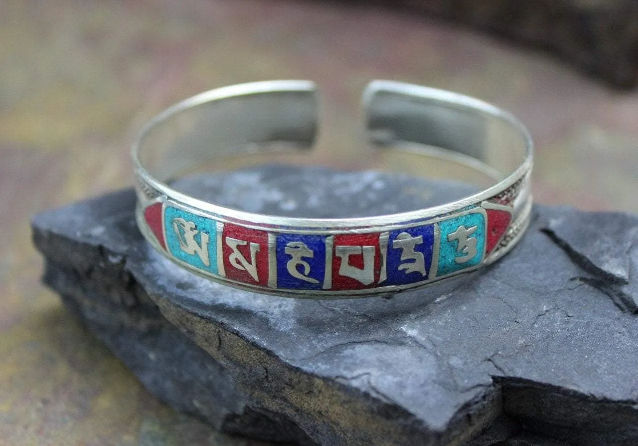 Lapis, Turquoise and Coral  Silver Plated Mantra Bracelet