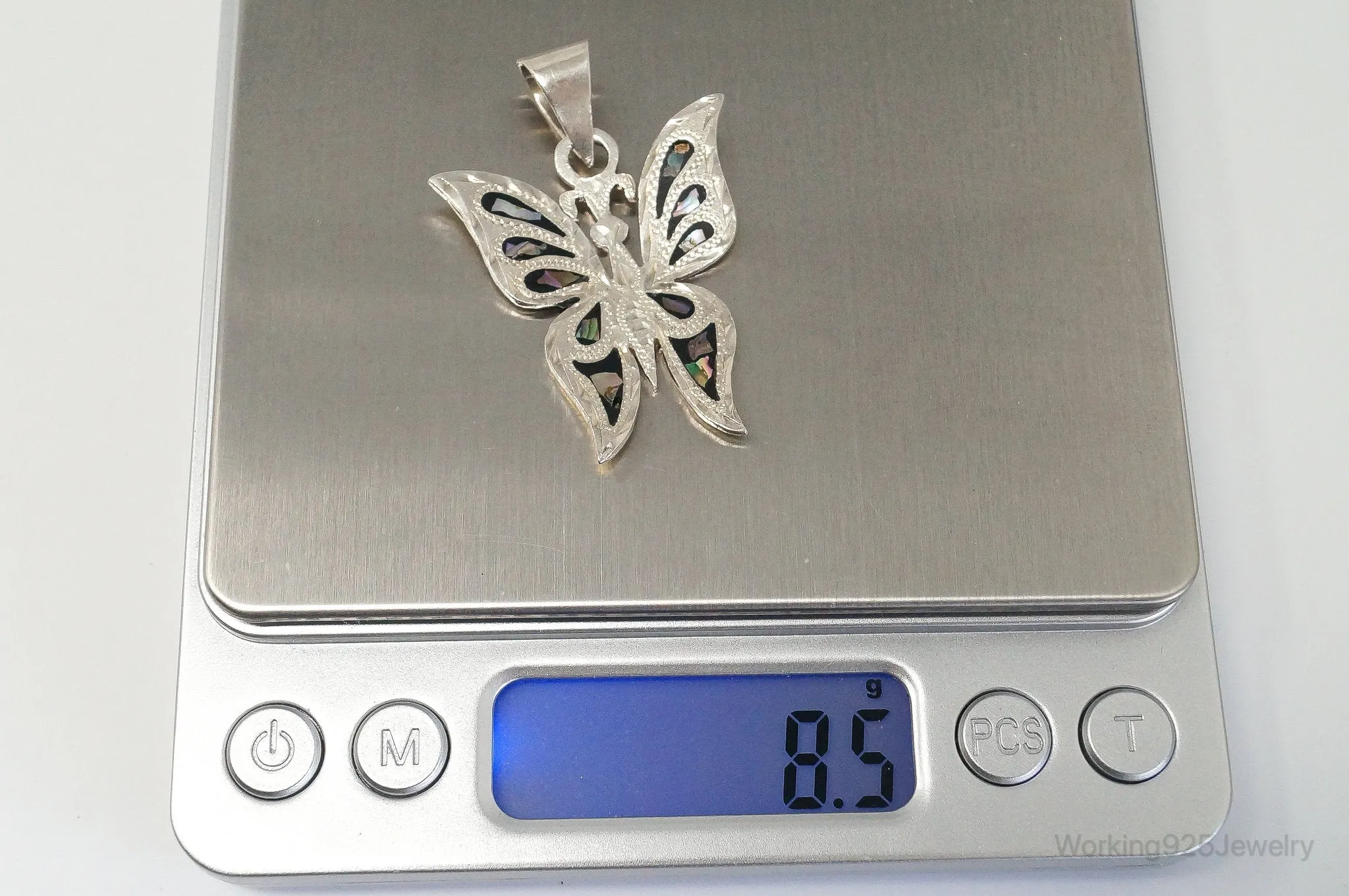 Large Vintage Mexico CC80 Abalone Etched Butterfly Sterling Silver Pendant