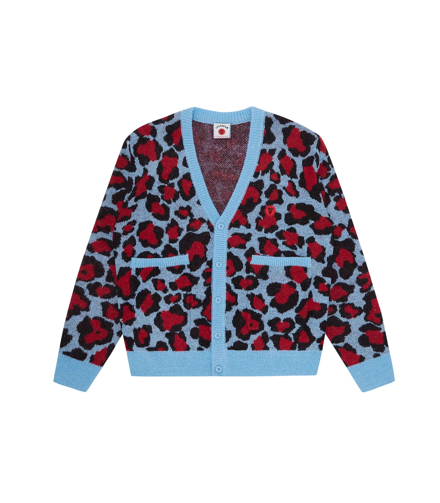 LEOPARD PRINT KNITTED CARDIGAN - RED/BLUE