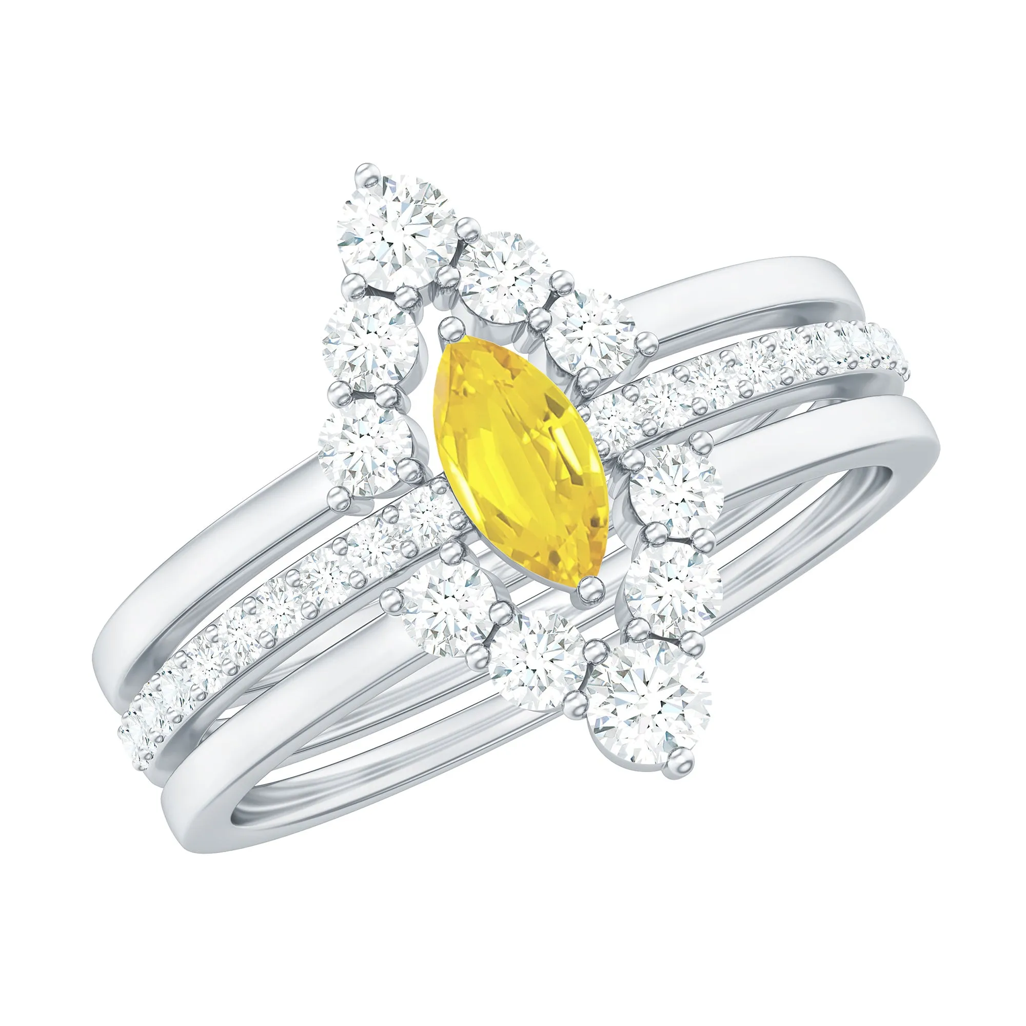 Marquise Created Yellow Sapphire Solitaire Trio Ring Set with Moissanite