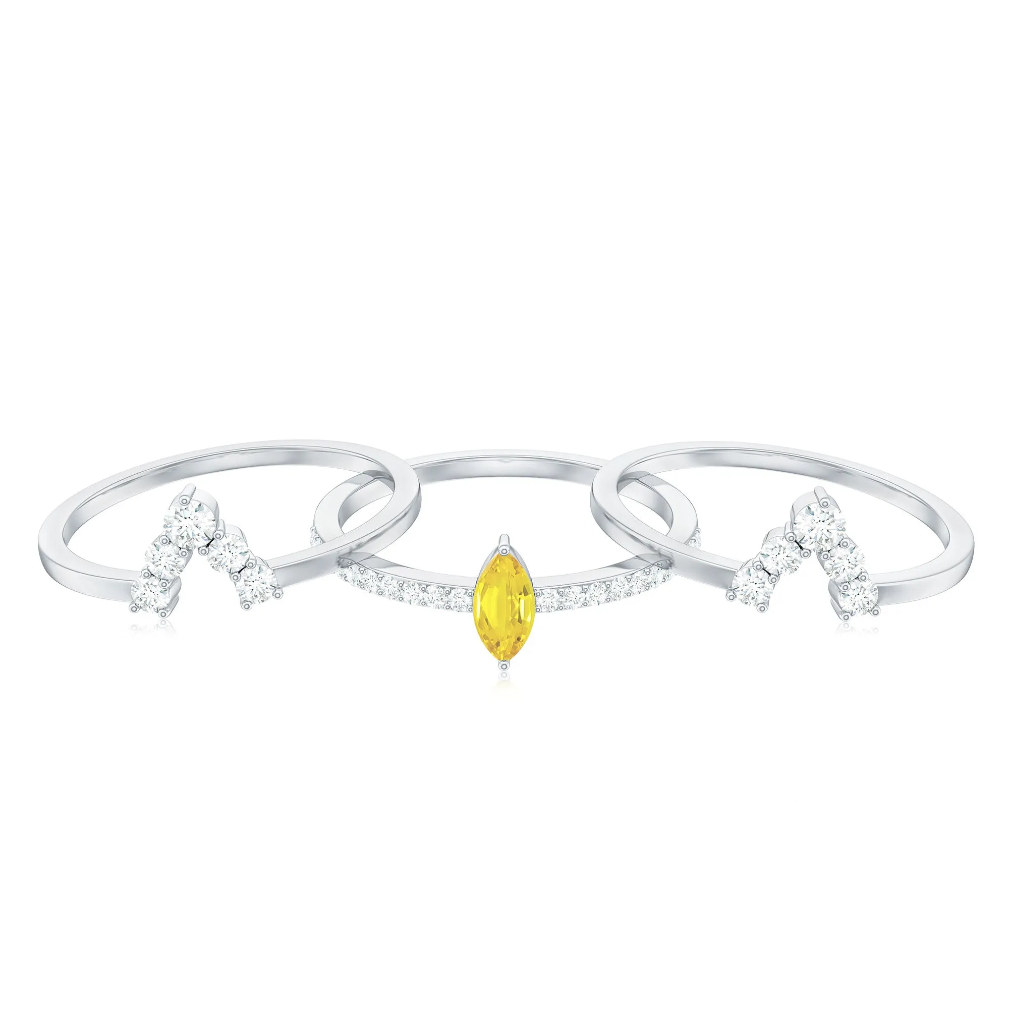 Marquise Created Yellow Sapphire Solitaire Trio Ring Set with Moissanite