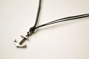 Men's anchor necklace with black cord, silver pendant, gift for him